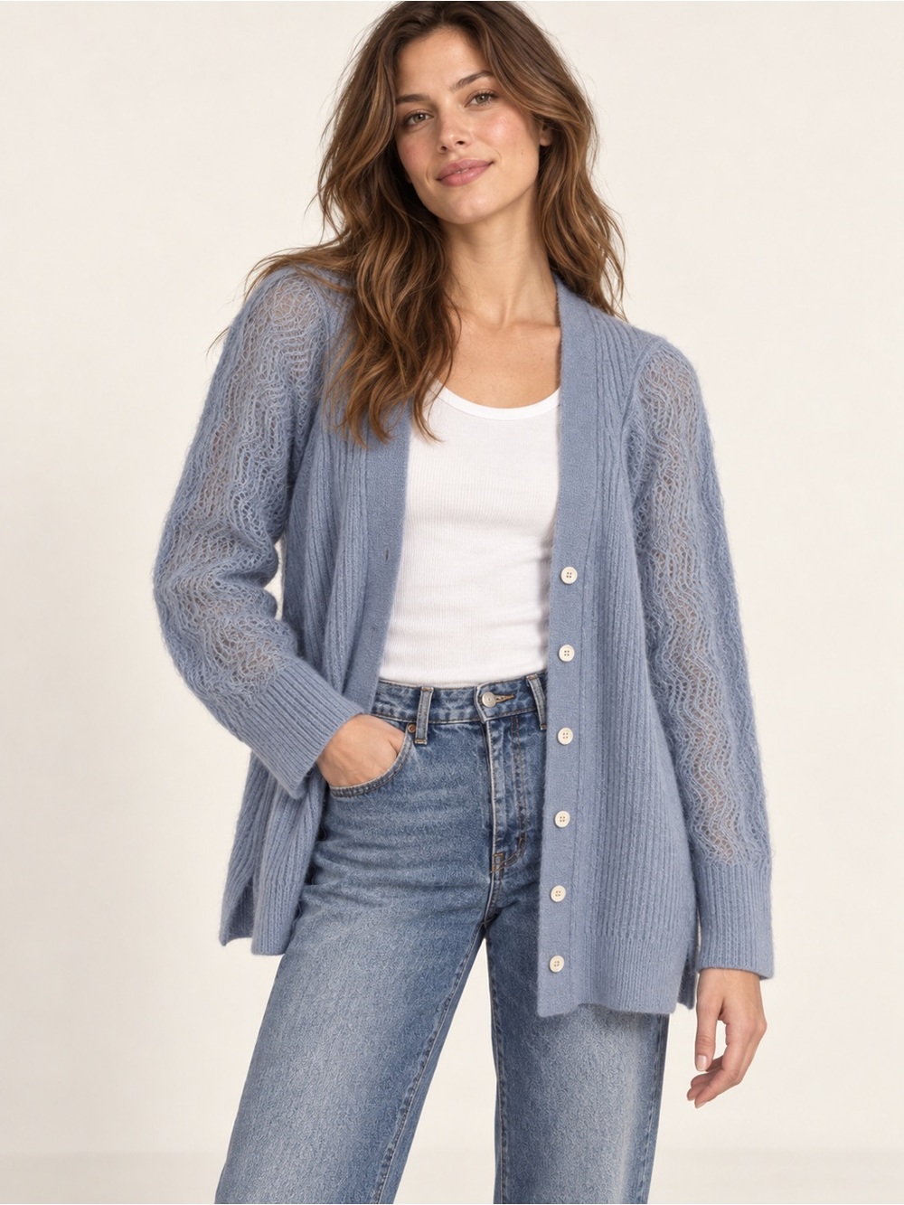 3:1 PHILLIP LIM Alpaca Wool Sky Blue Pointelle Knit Cardigan Sweater Small